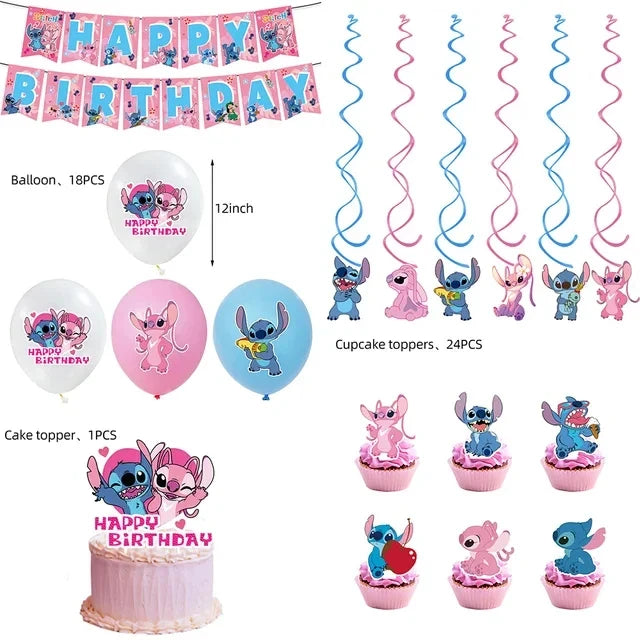 Pink Lilo and Stitch Angel Birthday Supplies Dishes Cup Plate Tablecloth Balloon Banner Girls Party Baby Shower Decorations