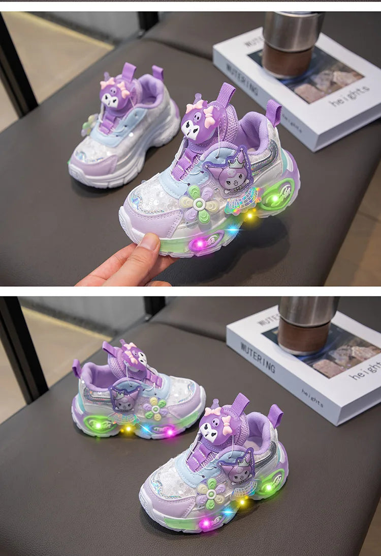Kuromi LED Shoes Sanrio Kids Luminous Shoes Kawaii Kuromi Tennis Shoes Girls Casual Sneakers Lighted Rotating Button Shoes