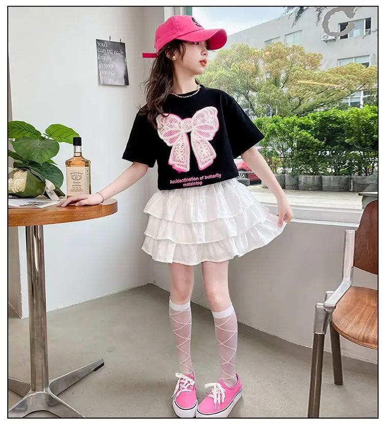 2025 teenager Summer Kids Girls clothes short Sleeve cotton crop top bow t-Shirt top and Tiered Pleated Skirt 5 6 7 8 9 12 year