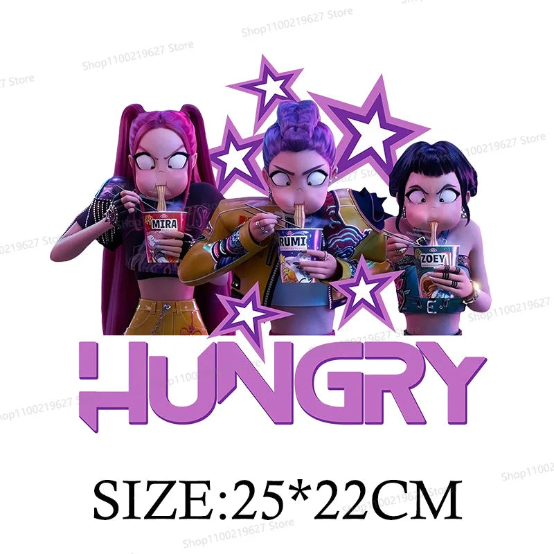 Kpop Demon Hunters Cartoon Patches for Clothes Vynil Heat Transfer Thermal Stickers DIY Kids T shirt Iron on for Women Appliqued