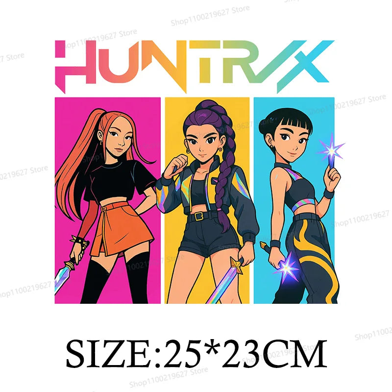 Kpop Demon Hunters Cartoon Patches for Clothes Vynil Heat Transfer Thermal Stickers DIY Kids T shirt Iron on for Women Appliqued