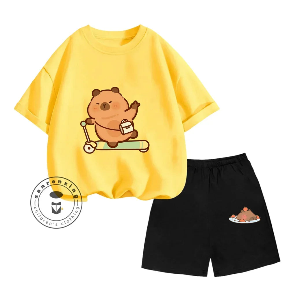 Sanrio Kids Summer T-shirt Cute Capybara Print Cotton Short Sleeve/Shorts Fashion Set for Boys and Girls