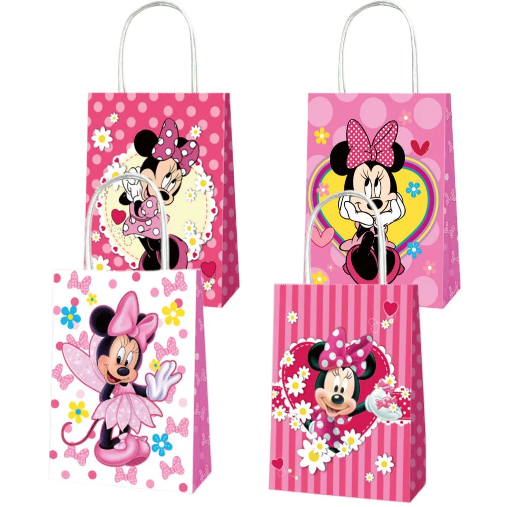 12pcs Pink Minnie Mouse Birthday Party Decorations Handle Gift Bags Sets Paper Candy Pocket Baby Shower Kids Girl Party Supplies