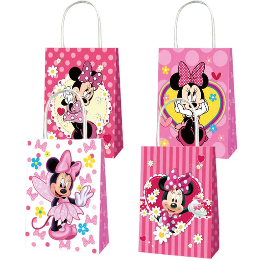 12pcs Pink Minnie Mouse Birthday Party Decorations Handle Gift Bags Sets Paper Candy Pocket Baby Shower Kids Girl Party Supplies