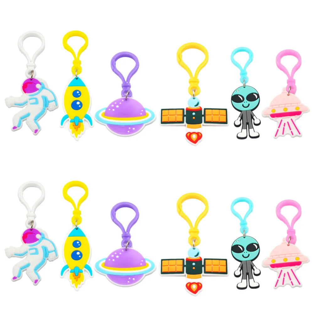 12Pcs Outer Space Galaxy Theme Keychain Rocket Alien Planet Design Kids Classroom Prizes Birthday Party Decoration Supplies Gift