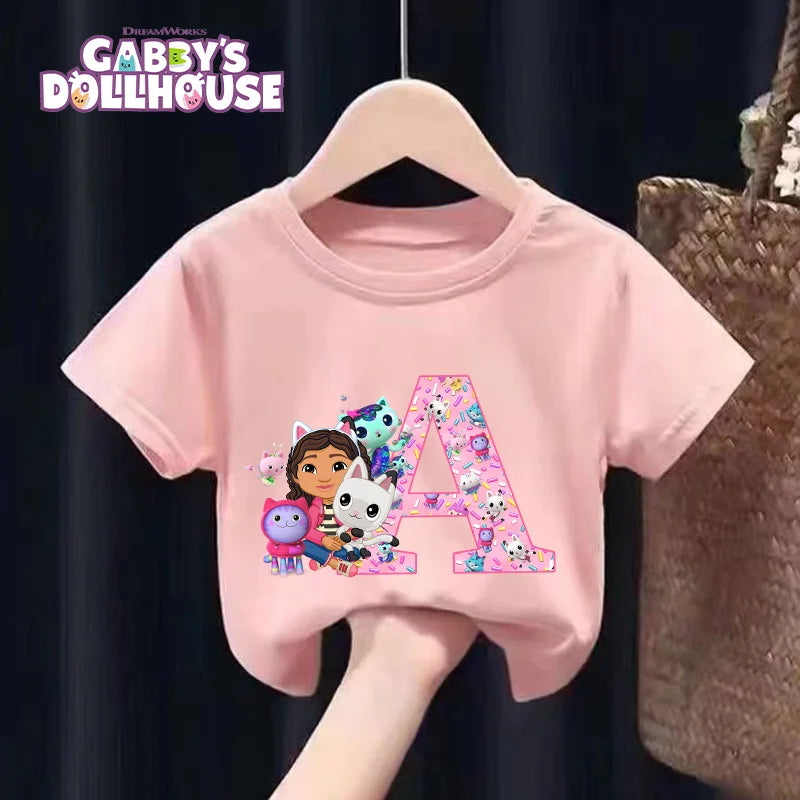 New Gabby Dollhouse T-shirt for Child A-Z Letters Tee Fashion Tops Cute Cartoon Girl Clothes Anime Kids Summer Short Sleeve Gift