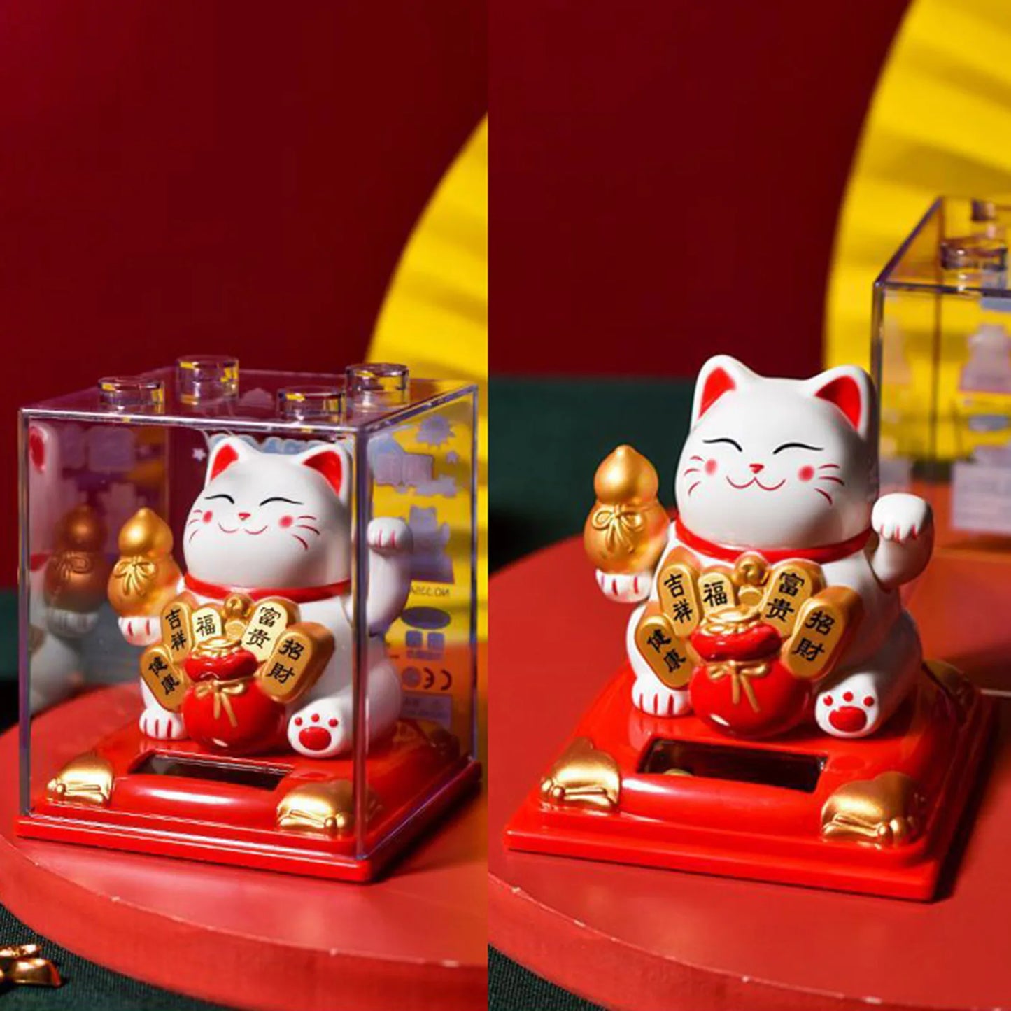 Solar Powered Maneki Neko Lucky Cat Welcoming Chinese Lucky Cat Waving Hand Beckoning Fortune Cat Figurines For Home Decor
