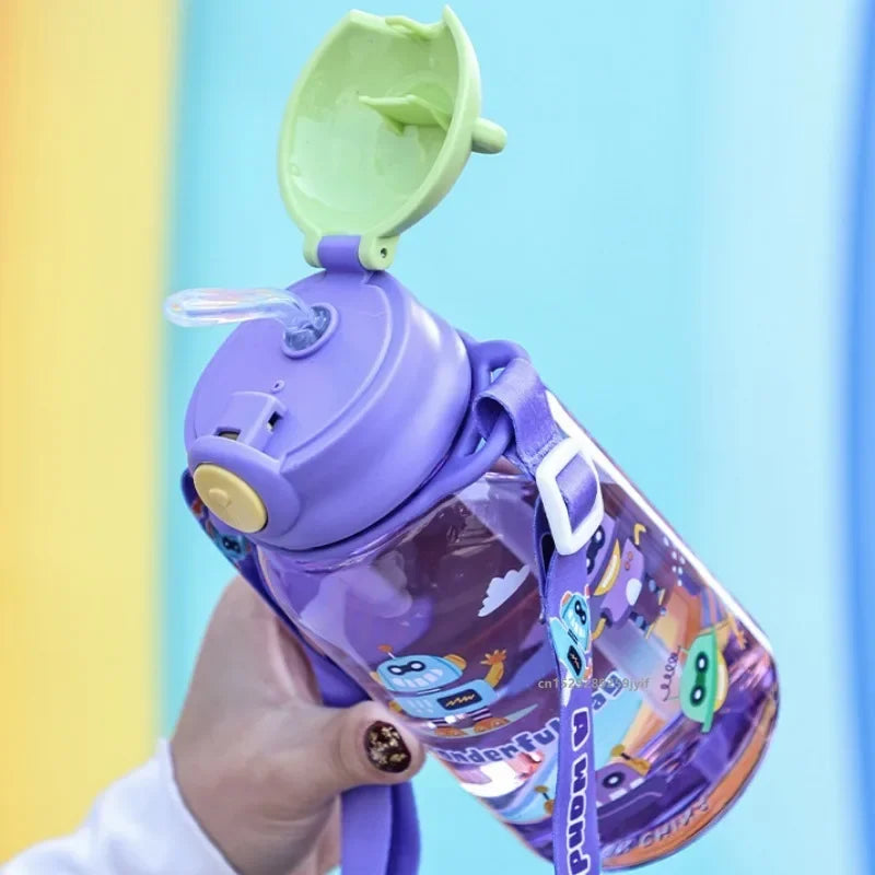 3Sizes Kids Cartoon Water Bottles Leakproof Water Sippy Cup with Straw and Strap Portable Drinking Bottle for Children School