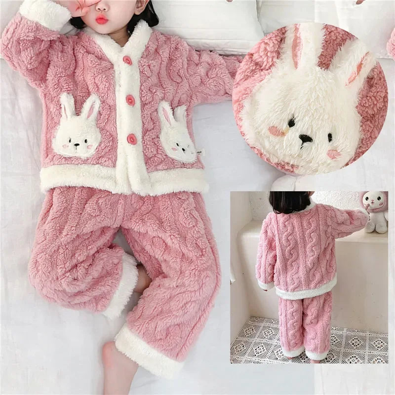 Autumn Winter Children Sleepwear Baby Pajamas Set Thick Flannel Fleece Child Sleepwear 2Pcs Sets Warm Home Suits Kids Clothes