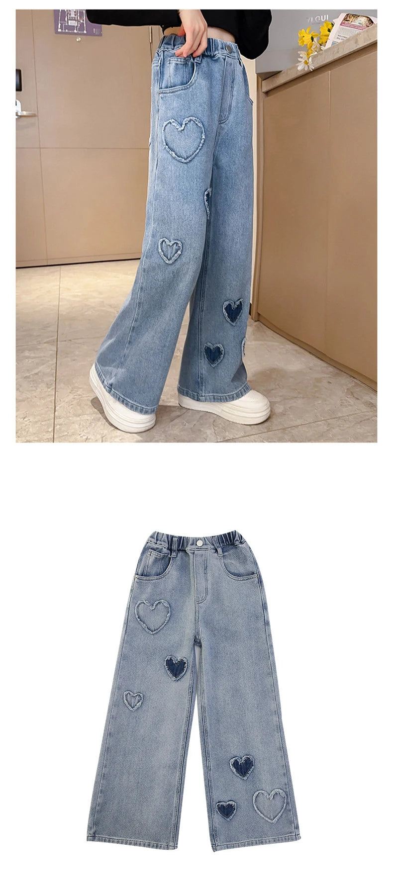 New Fashion Teenager Girls Denim Wide Leg Pants Children Trousers Spring Autumn Love Pattern Girls Jeans 5-14 Years Kids Clothes
