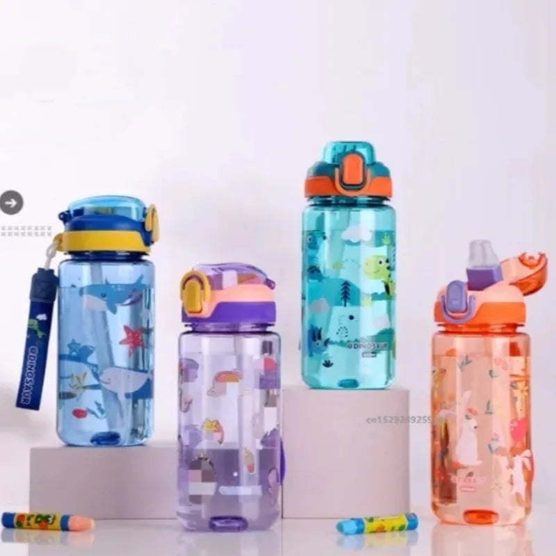 3Sizes Kids Cartoon Water Bottles Leakproof Water Sippy Cup with Straw and Strap Portable Drinking Bottle for Children School