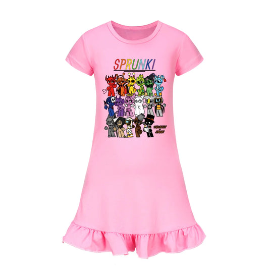 Hot sprunki Child Clothes Kids Summer Horror Game Incredibox Pajamas Dress Baby Girls Short Sleeve Nightgown Cartoon Sleep Wear