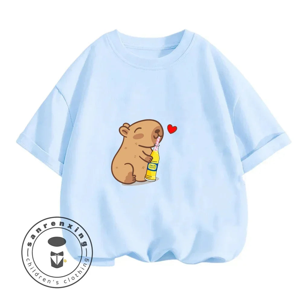 Sanrio Kids Summer T-shirt Cute Capybara Print Cotton Short Sleeve/Shorts Fashion Set for Boys and Girls