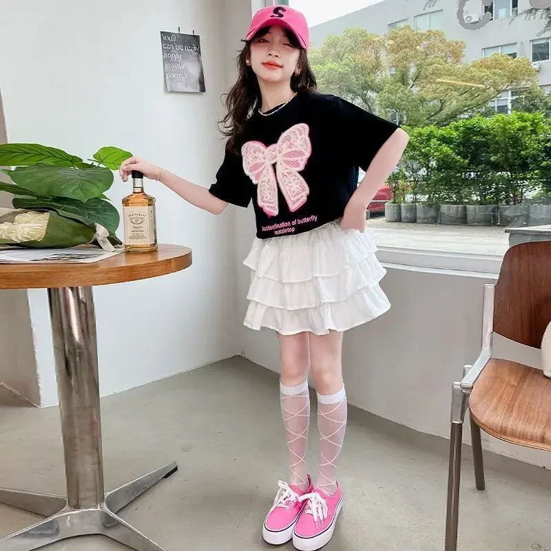 2025 teenager Summer Kids Girls clothes short Sleeve cotton crop top bow t-Shirt top and Tiered Pleated Skirt 5 6 7 8 9 12 year