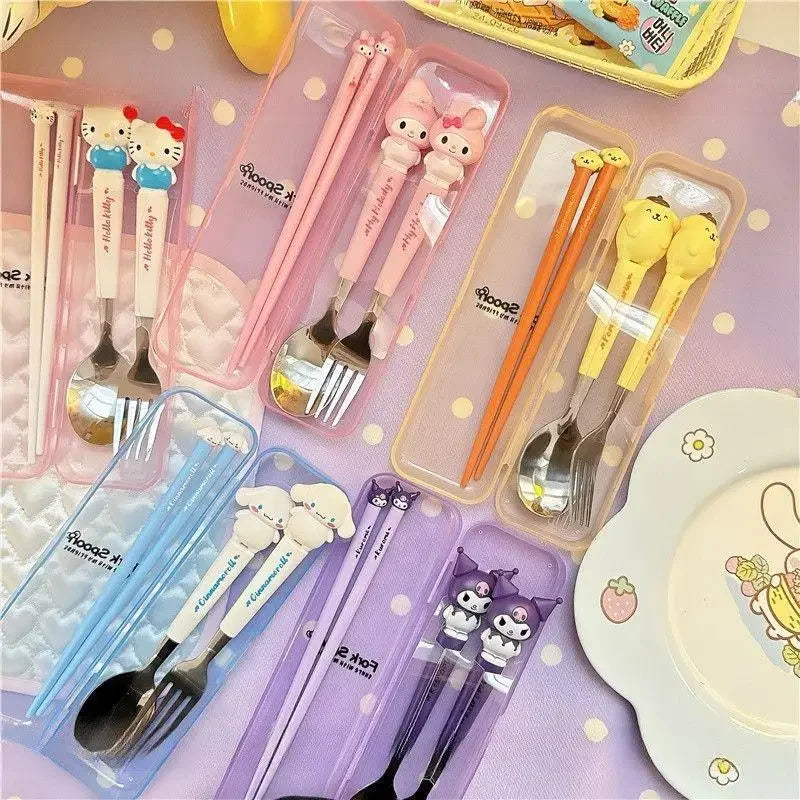 Sanrio Kuromi Hello Kitty Melody Kids Chopsticks Spoon Fork Set Cinnamoroll Stainless Steel Cutlery Set Students Gifts Tableware