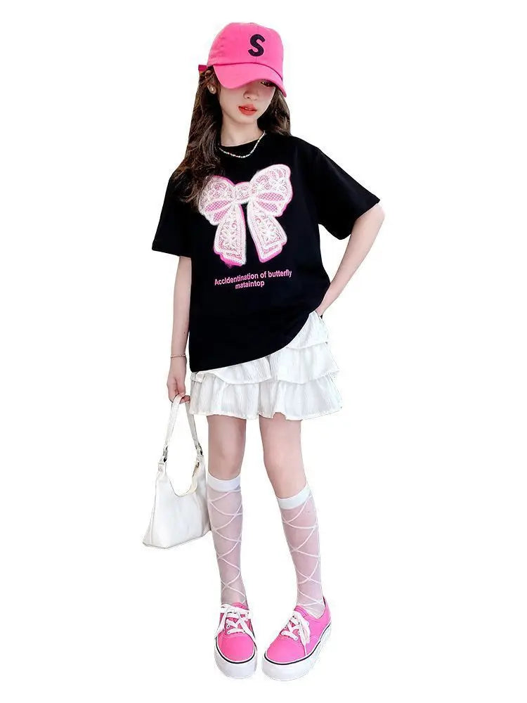 2025 teenager Summer Kids Girls clothes short Sleeve cotton crop top bow t-Shirt top and Tiered Pleated Skirt 5 6 7 8 9 12 year