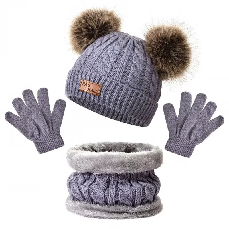 3pcs 2025 New Winter Toddler Kids Warm Knitted Pompom Hat Winter Solid Cap Scarf Glove Child Winter Warm Set Gifts For Kids