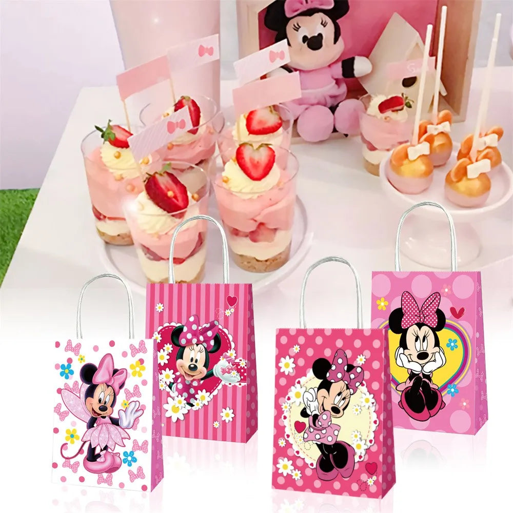 12pcs Pink Minnie Mouse Birthday Party Decorations Handle Gift Bags Sets Paper Candy Pocket Baby Shower Kids Girl Party Supplies