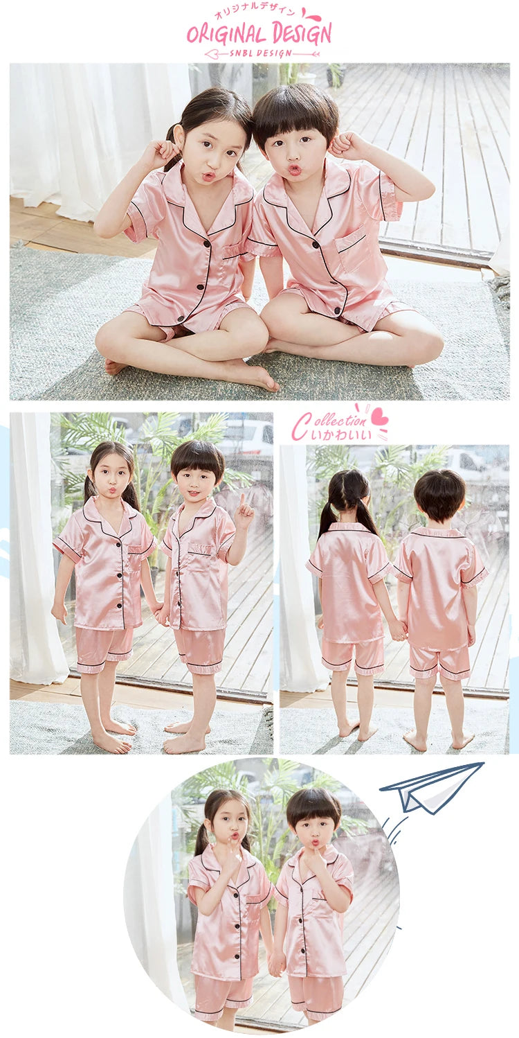 Summer Short Sleeve Kids Pajamas Sets Satin Silk Button Down Loungewear Girls Sleepwear Boys Clothing Sets Children Pyjamas Pjs