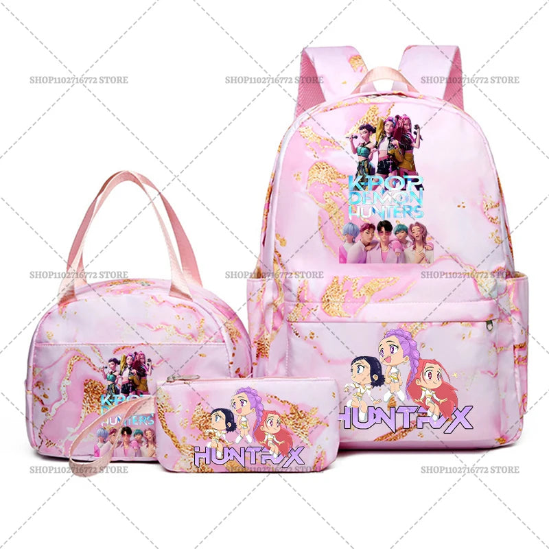 3pcs Movie Kpop Demon Hunters Backpack Lunch Bag Pencil Case Set Student Anime Fashion Schoolbag Pen Case Bento Pouch Suit Gifts