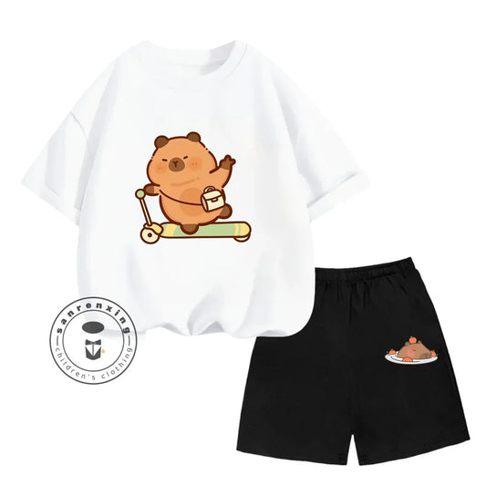 Sanrio Kids Summer T-shirt Cute Capybara Print Cotton Short Sleeve/Shorts Fashion Set for Boys and Girls