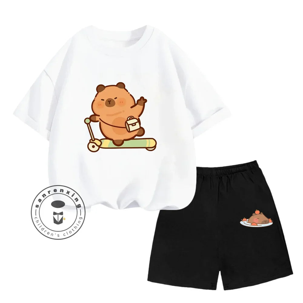 Sanrio Kids Summer T-shirt Cute Capybara Print Cotton Short Sleeve/Shorts Fashion Set for Boys and Girls