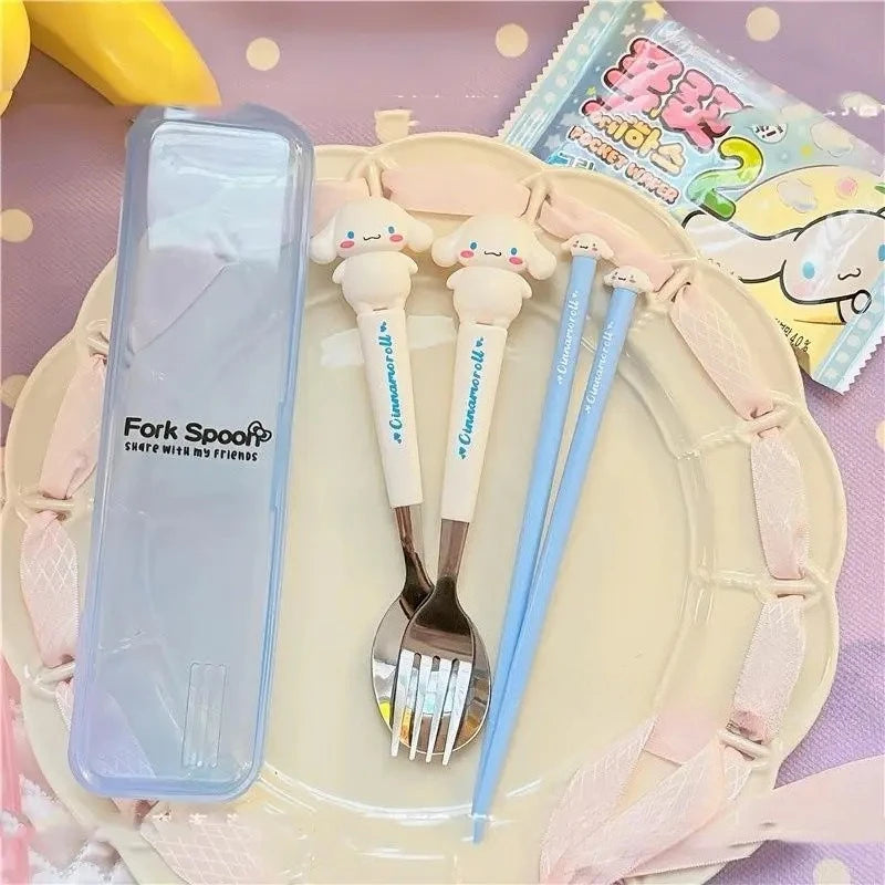 Sanrio Kuromi Hello Kitty Melody Kids Chopsticks Spoon Fork Set Cinnamoroll Stainless Steel Cutlery Set Students Gifts Tableware