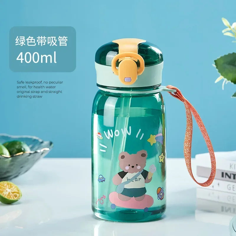3Sizes Kids Cartoon Water Bottles Leakproof Water Sippy Cup with Straw and Strap Portable Drinking Bottle for Children School