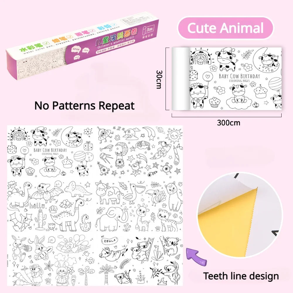 Children Drawing Roll Sticky Graffiti Scroll DIY Painting Color Filling Paper Coloring Papers for Kids Educational Toys Gifts