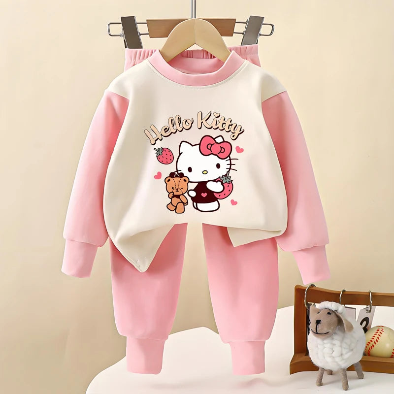 Sanrio Autumn Hello Kitty Printed Children Long Sleeve Pajamas Sets Soft Girls Home Clothes Suit Kids Casual Sleepwear Set