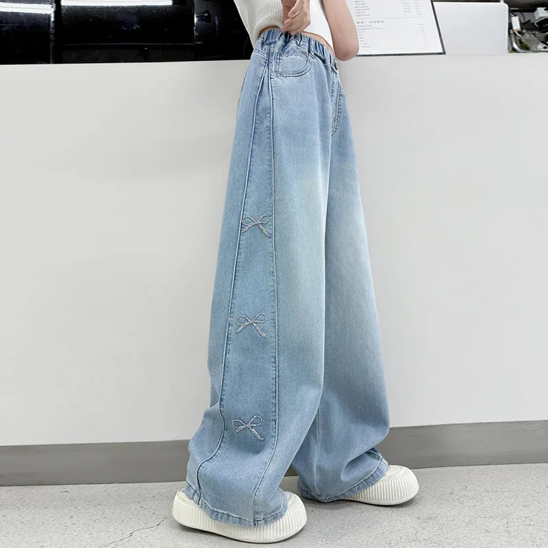 Jeans for Girls Fashion Clothes for Teenagers Solid Loose Kids Wide Leg Pants with Butterfly Children Denim Trousers Age 5-14T