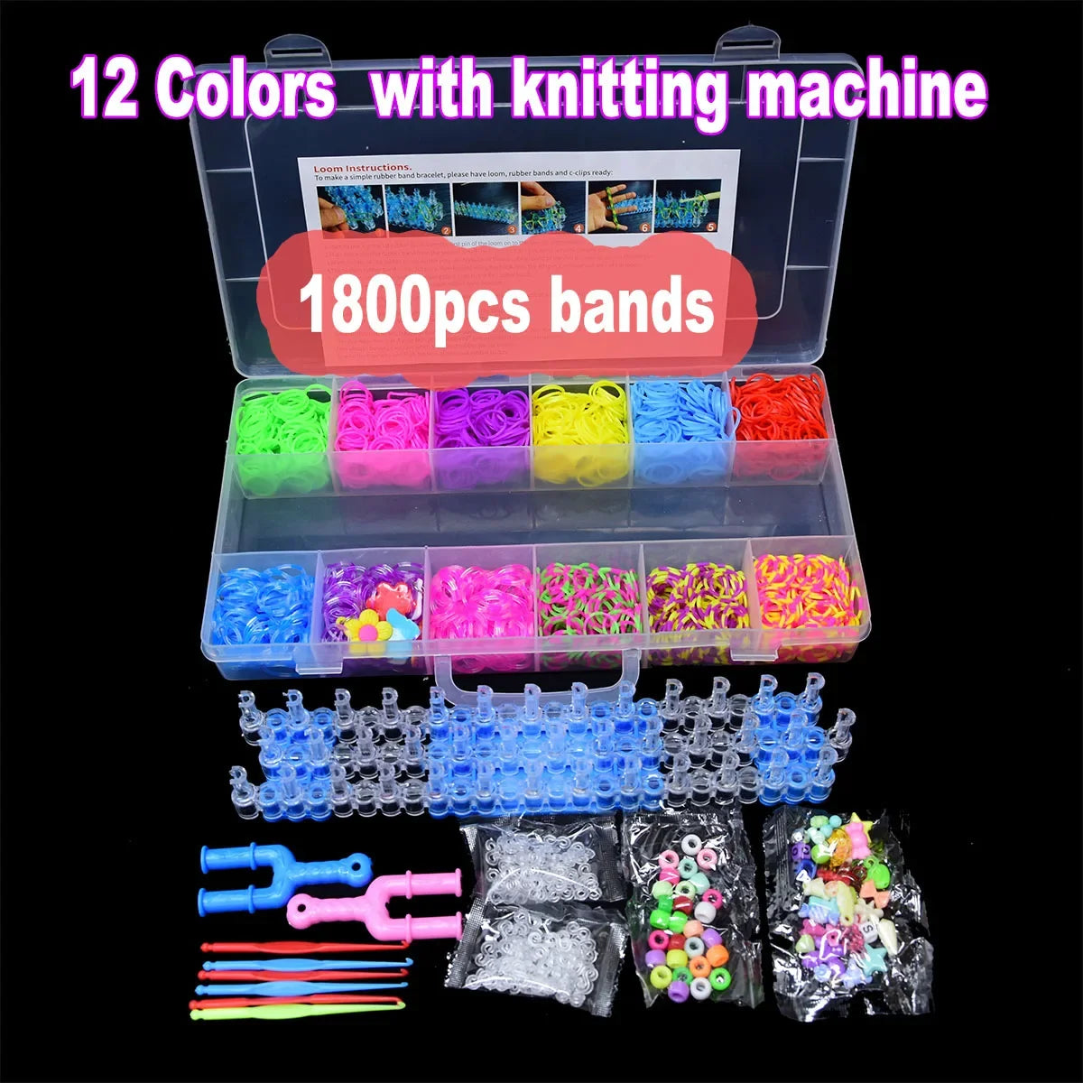 1800pcs Colorful Rubber Loom Bands Elastic DIY Set Box Girls Gift Weaving Bracelet Tool Kit Kids Toys for Children 7 8 10 Years