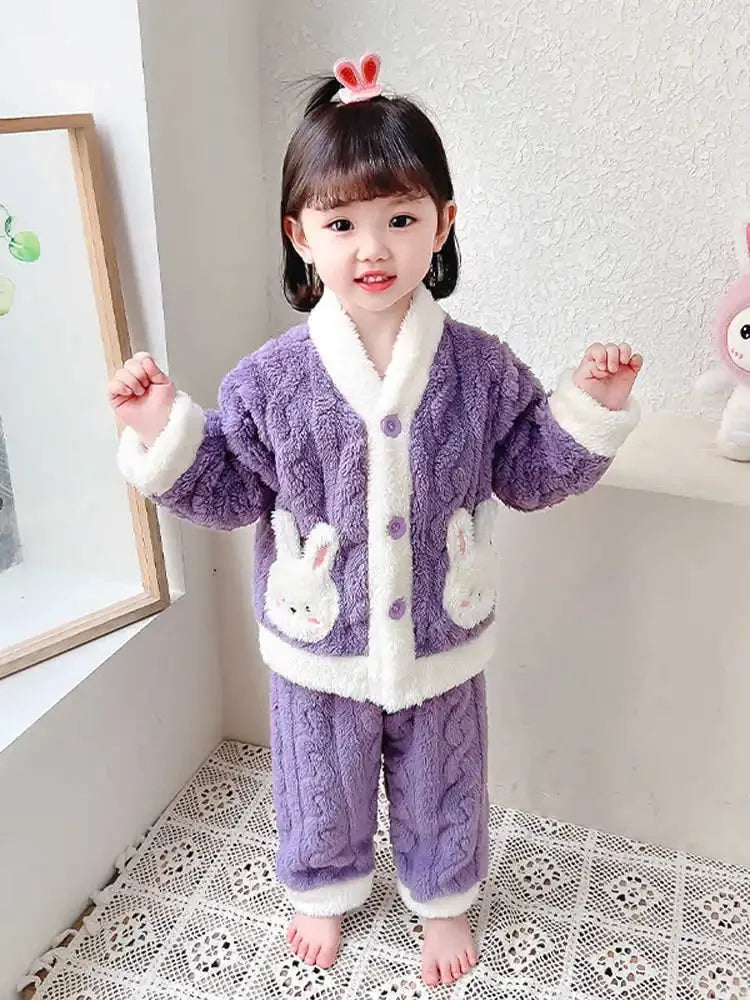 Autumn Winter Children Sleepwear Baby Pajamas Set Thick Flannel Fleece Child Sleepwear 2Pcs Sets Warm Home Suits Kids Clothes