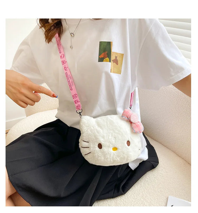 Miniso Cute Cartoon Hello Kitty Bow Crossbody Bag For Women Kawaii Fashion Plush White Kt Cat Shoulder Bag For Girls Kids Gifts