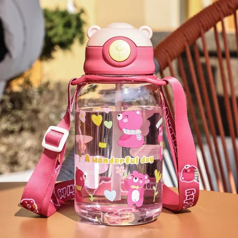 3Sizes Kids Cartoon Water Bottles Leakproof Water Sippy Cup with Straw and Strap Portable Drinking Bottle for Children School