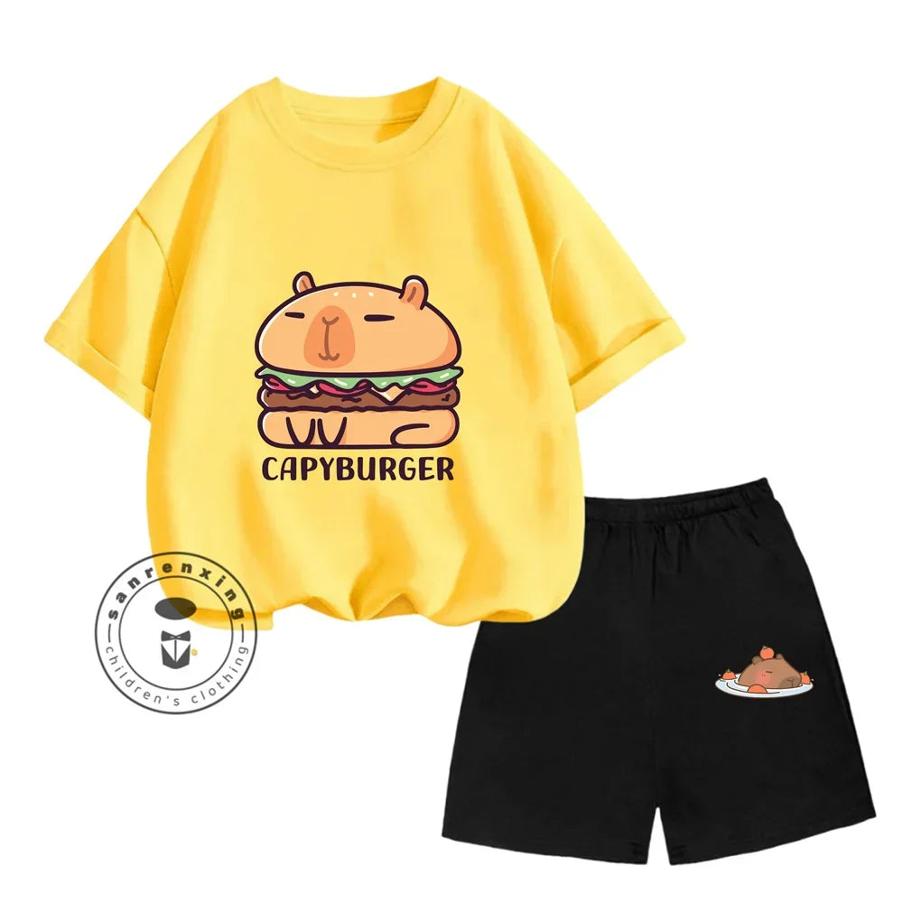 Sanrio Kids Summer T-shirt Cute Capybara Print Cotton Short Sleeve/Shorts Fashion Set for Boys and Girls