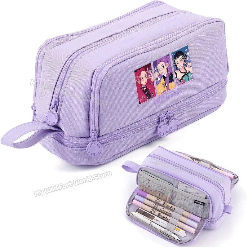 Kpop Demon Hunters High-capacity Pencil Bag Cartoon  Music Girl Pencilcase Rumi Mira Zoey Student Pen Case Kid School Stationery