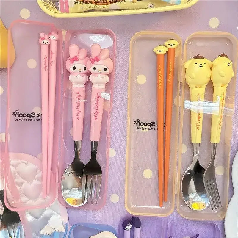 Sanrio Kuromi Hello Kitty Melody Kids Chopsticks Spoon Fork Set Cinnamoroll Stainless Steel Cutlery Set Students Gifts Tableware