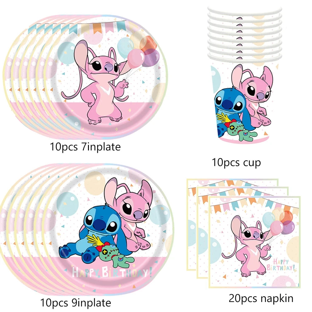 Pink Lilo and Stitch Angel Birthday Supplies Dishes Cup Plate Tablecloth Balloon Banner Girls Party Baby Shower Decorations