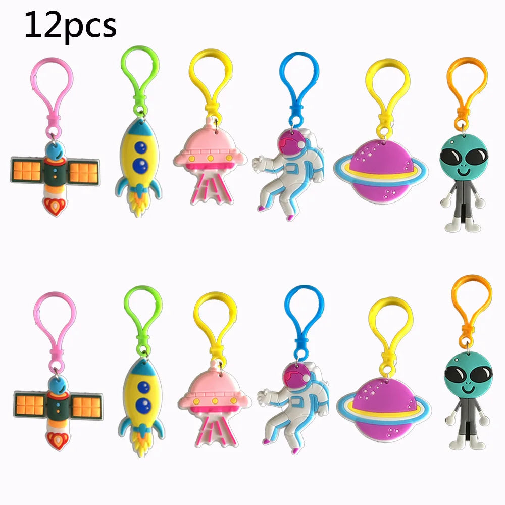 12Pcs Outer Space Galaxy Theme Keychain Rocket Alien Planet Design Kids Classroom Prizes Birthday Party Decoration Supplies Gift