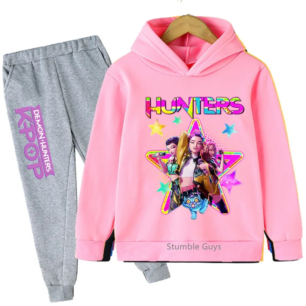 Kpop Demon Hunters Hoodie Set Kids Boys Girls Sportswear 3-12Y Autumn Anime Clothes
