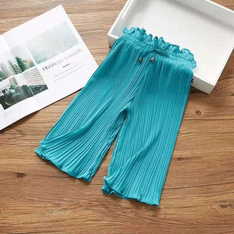 Childen's Girls Summer Ice Silk Wide Leg Pants Baby Fashion Lace Chiffon Waist Flare Trousers Kids Girl Loose Buttom Clothes
