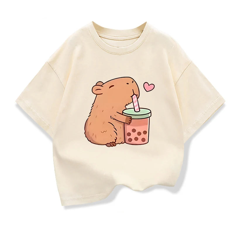Cute Capibara Printed Cartoon T Shirt For Kids 2025 New Children's Summer Clothes Loose Short Sleeve T-shirts Kids Cotton Tee