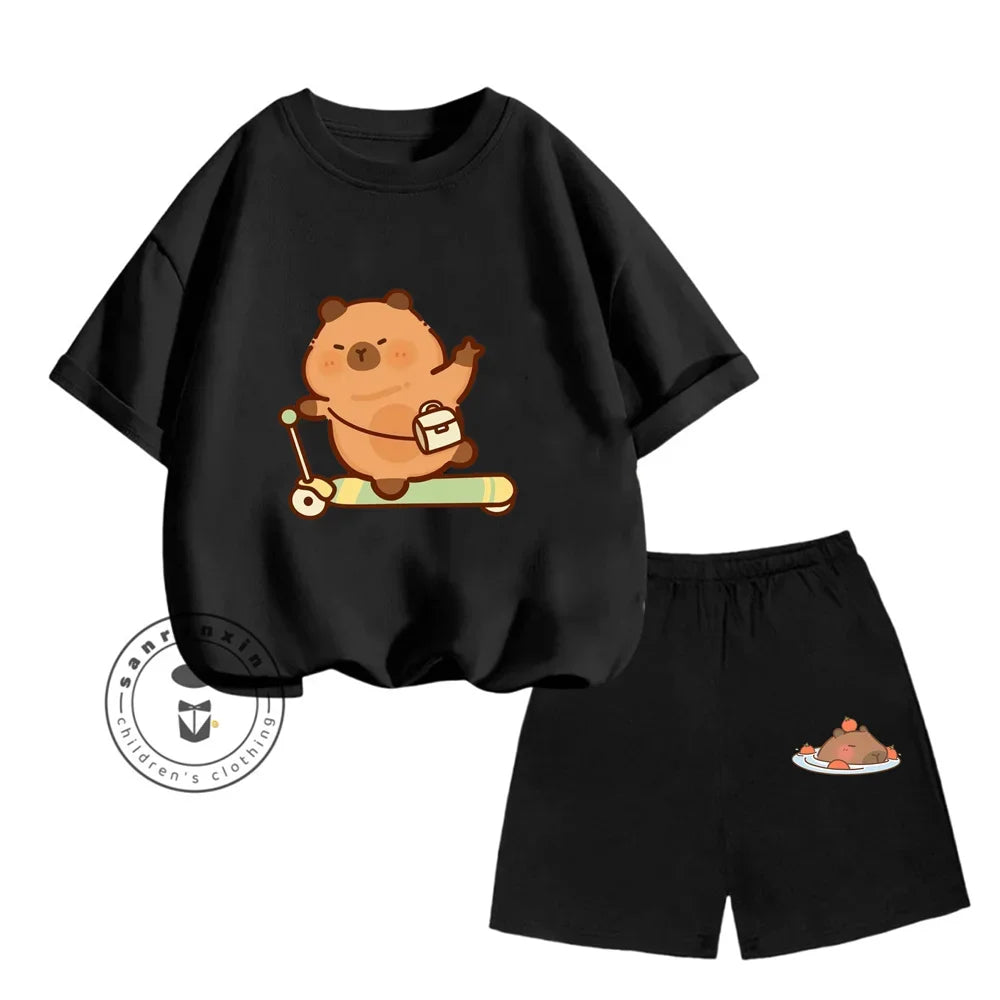 Sanrio Kids Summer T-shirt Cute Capybara Print Cotton Short Sleeve/Shorts Fashion Set for Boys and Girls