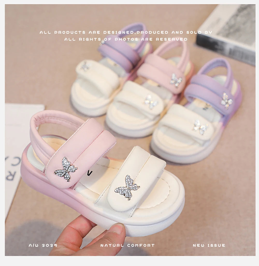 Korean Style Princess Sandals For Girls Rhinestone Butterfly Teenager Girl's Sandals Trend Fashion Teenager Beach Sandals Kids