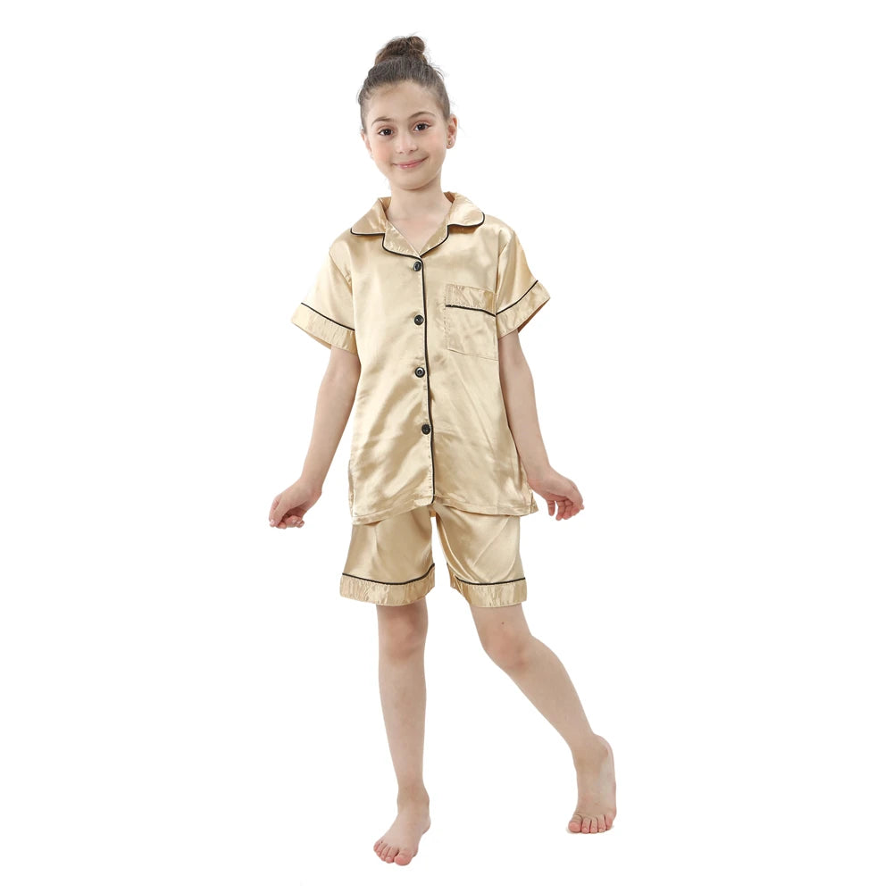 Summer Short Sleeve Kids Pajamas Sets Satin Silk Button Down Loungewear Girls Sleepwear Boys Clothing Sets Children Pyjamas Pjs
