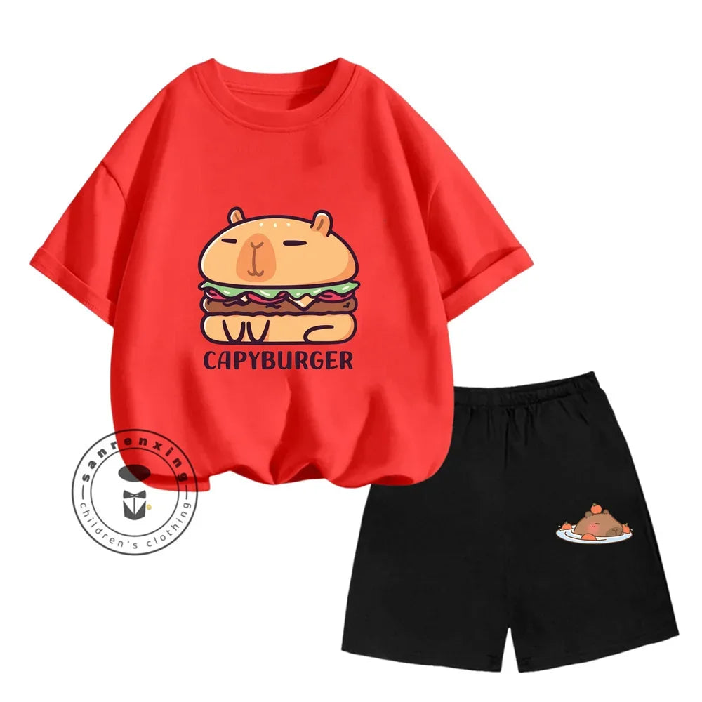 Sanrio Kids Summer T-shirt Cute Capybara Print Cotton Short Sleeve/Shorts Fashion Set for Boys and Girls