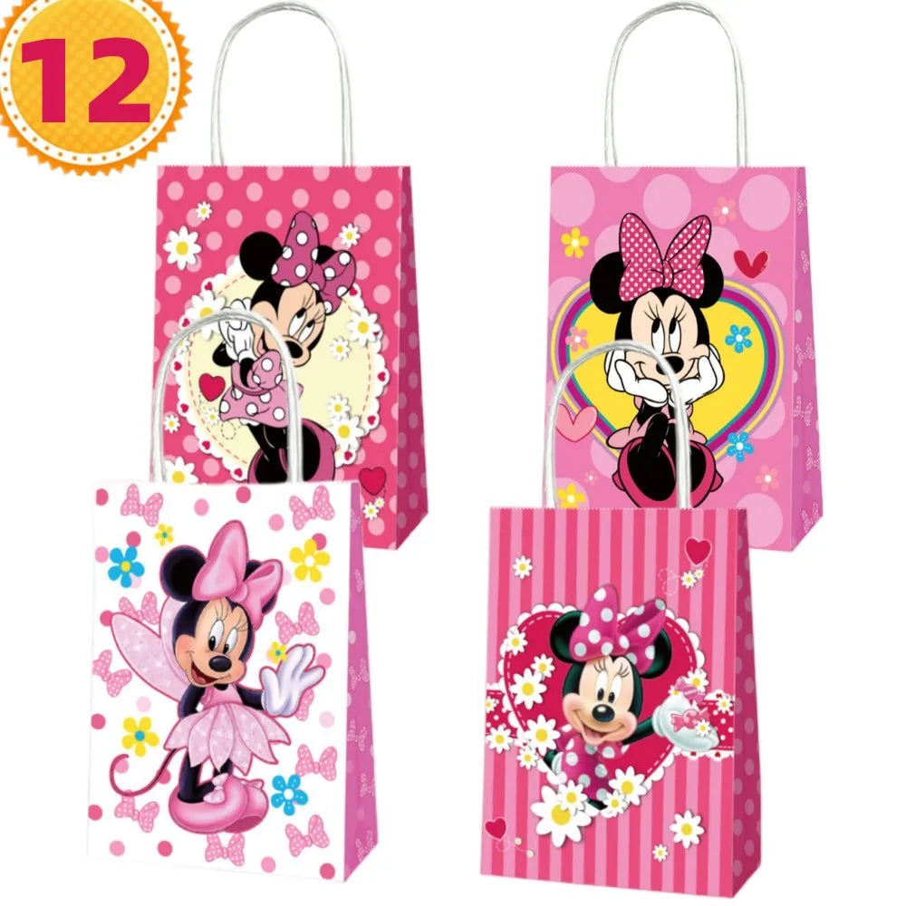 12pcs Pink Minnie Mouse Birthday Party Decorations Handle Gift Bags Sets Paper Candy Pocket Baby Shower Kids Girl Party Supplies