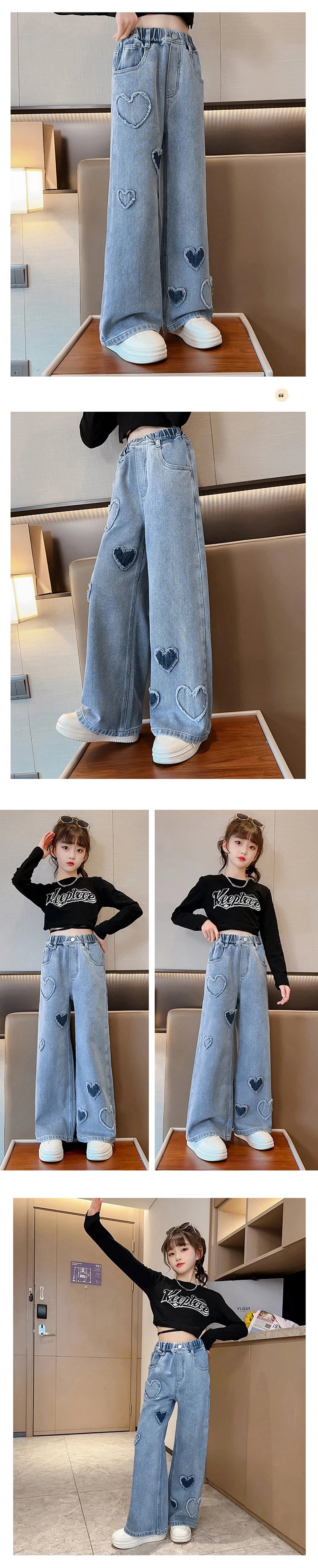 New Fashion Teenager Girls Denim Wide Leg Pants Children Trousers Spring Autumn Love Pattern Girls Jeans 5-14 Years Kids Clothes