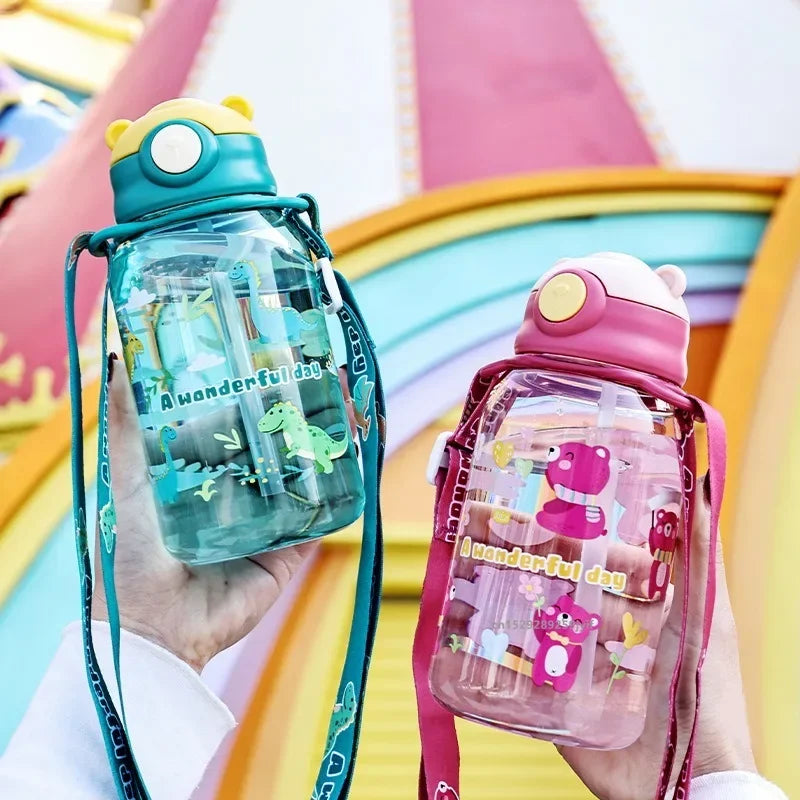 3Sizes Kids Cartoon Water Bottles Leakproof Water Sippy Cup with Straw and Strap Portable Drinking Bottle for Children School